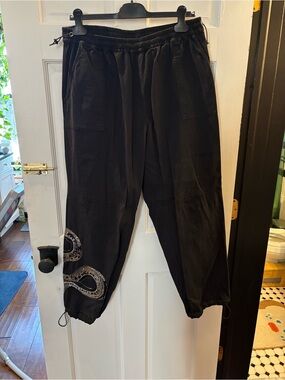 AllSaints Black Drawstring Joggers with beaded snake embroidery